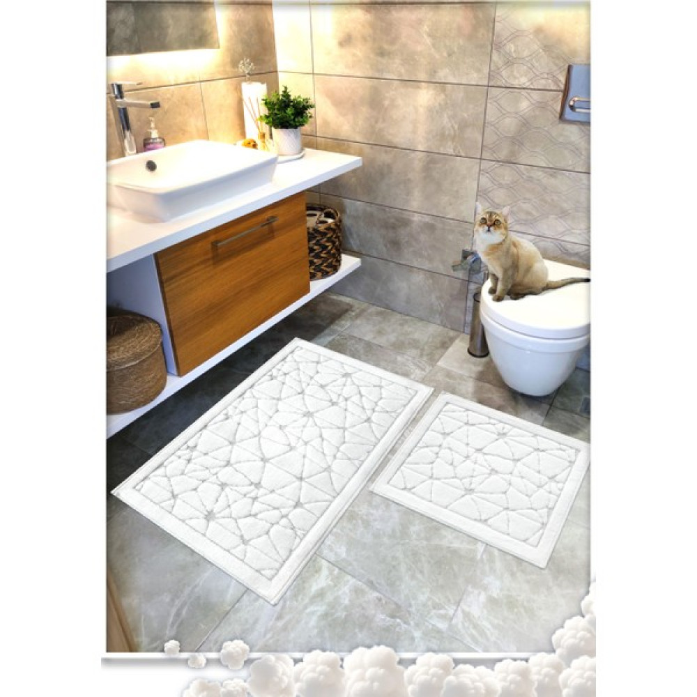 Cotton Crafty 2 Li Set %100 Pamuk Dokuma Banyo Paspası, Banyo Halısı-CAM- 60X100 cm - 60X50 cm, Kaymaz Lateks Taban - Beyaz Klozet Takımı Fiyatı