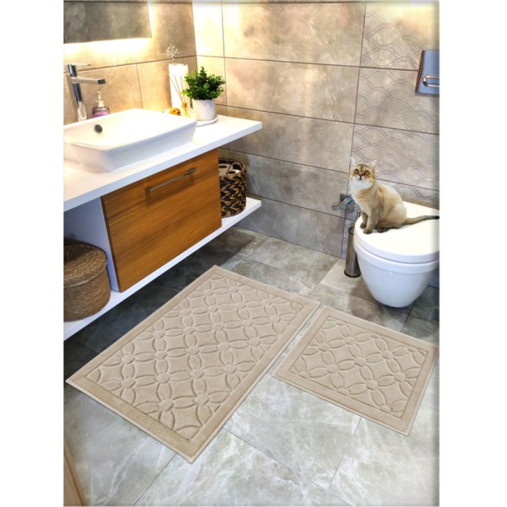 Cotton Crafty 2 Li Set %100 Pamuk Dokuma Banyo Paspası, Banyo Halısı Çiçek 60X100 - 60X50, Kaymaz Lateks Taban - Bej Klozet Takımı Fiyatı