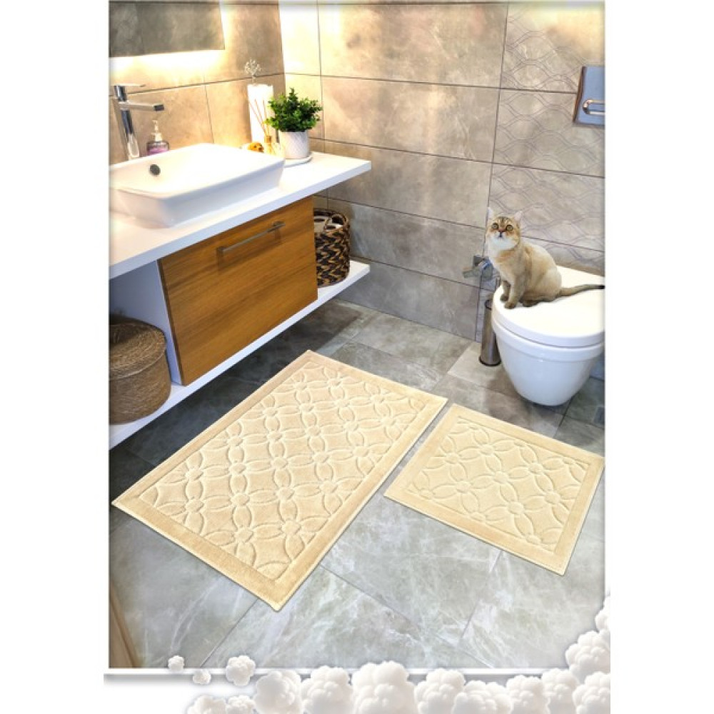 Cotton Crafty 2 Li Set %100 Pamuk Dokuma Banyo Paspası, Banyo Halısı Çiçek 60X100 - 60X50, Kaymaz Lateks Taban - Bej - Sarı Klozet Takımı Fiyatı