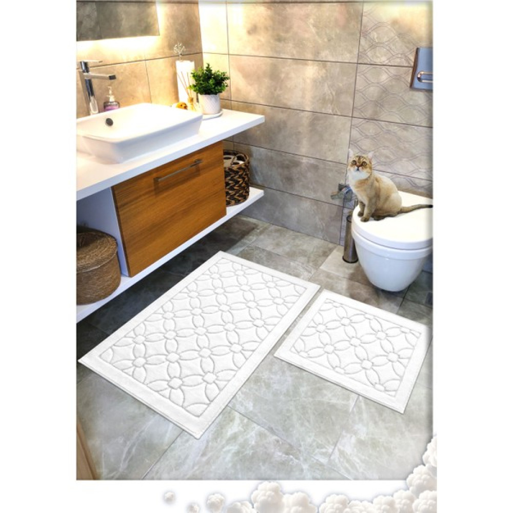 Cotton Crafty 2 Li Set %100 Pamuk Dokuma Banyo Paspası, Banyo Halısı Çiçek 60X100 - 60X50, Kaymaz Lateks Taban - Ekru Klozet Takımı Fiyatı