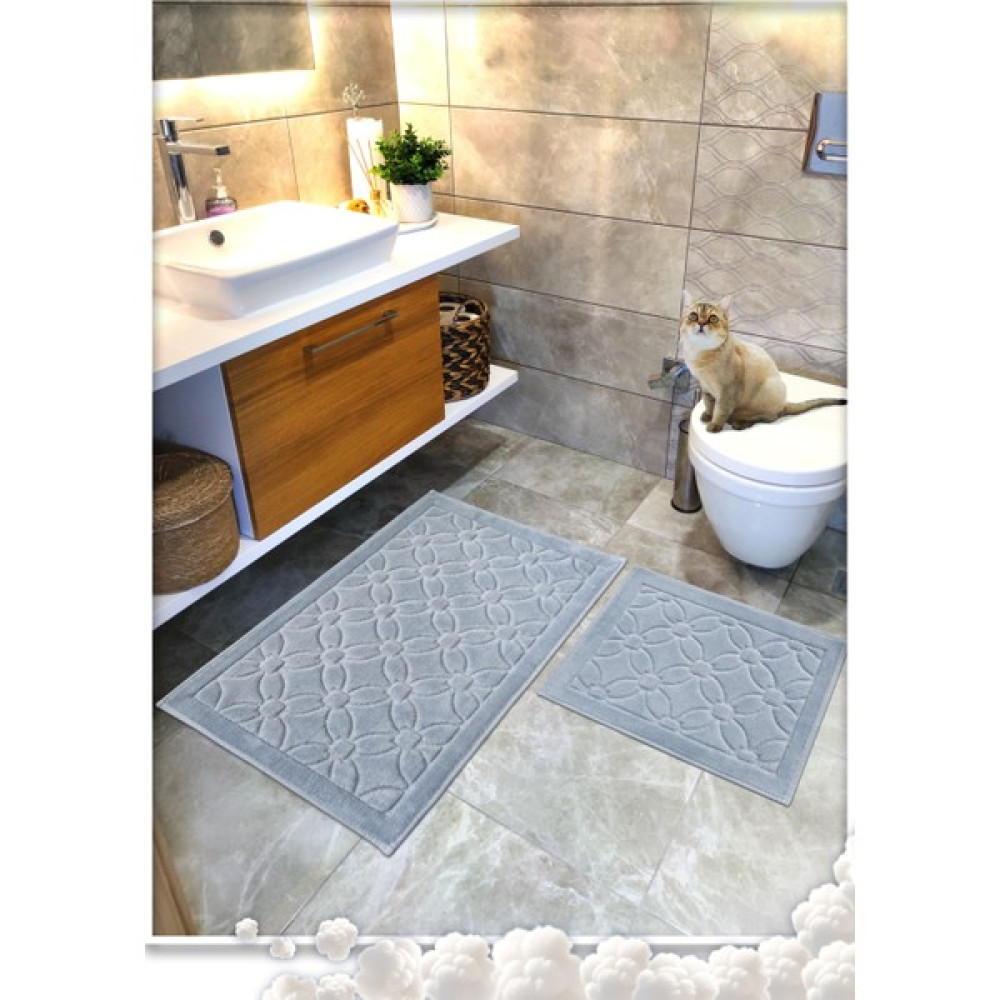 Cotton Crafty 2 Li Set %100 Pamuk Dokuma Banyo Paspası, Banyo Halısı Çiçek 60X100 - 60X50, Kaymaz Lateks Taban - Gri - Mavi Klozet Takımı Fiyatı
