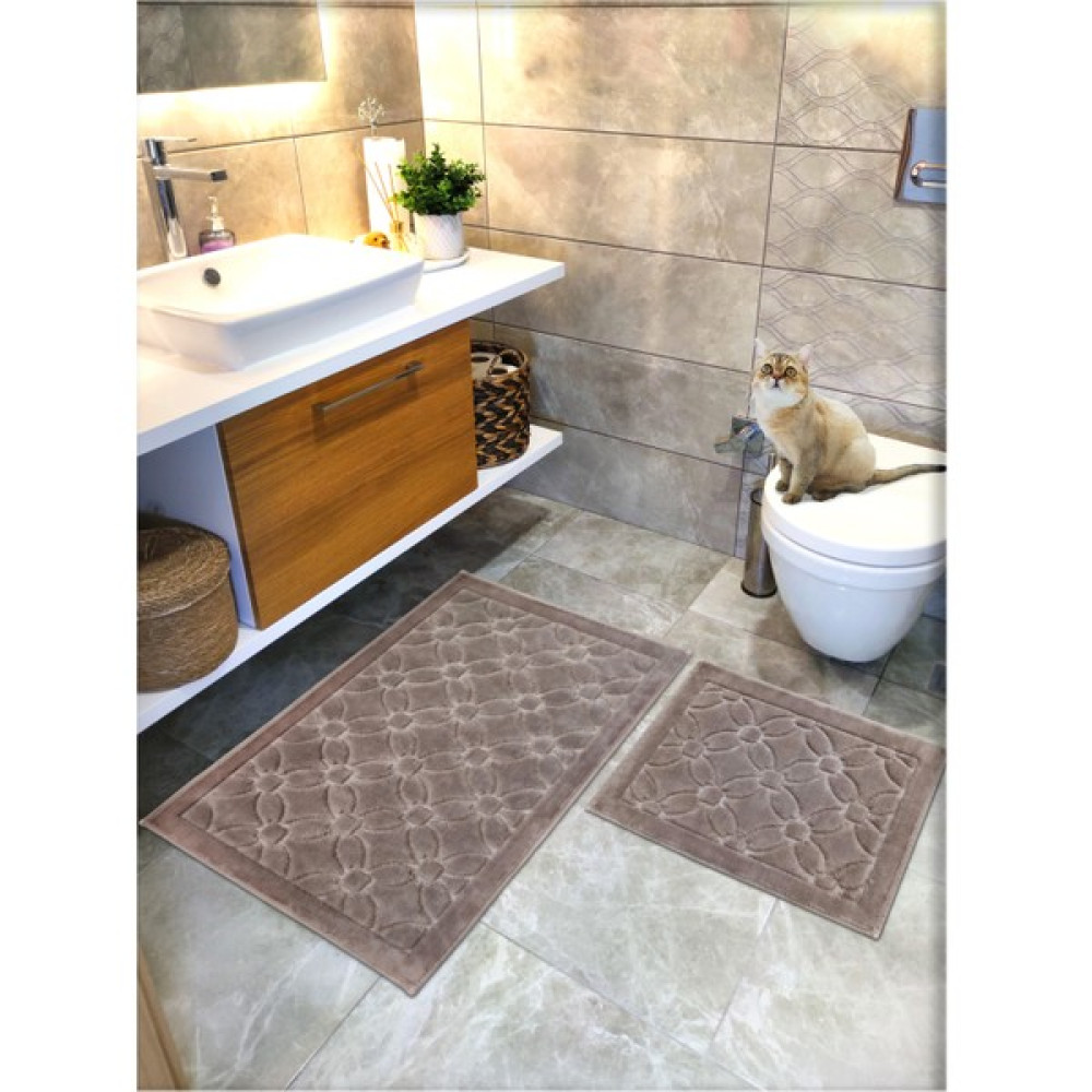 Cotton Crafty 2 Li Set %100 Pamuk Dokuma Banyo Paspası, Banyo Halısı Çiçek 60X100 - 60X50, Kaymaz Lateks Taban - Kahve Klozet Takımı Fiyatı
