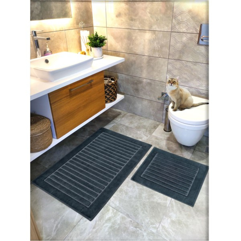 Cotton Crafty 2 Li Set %100 Pamuk Dokuma Banyo Paspası, Banyo Halısı Şeritli 60X100 - 60X50, Kaymaz Lateks Taban - Antrasit Klozet Takımı Fiyatı