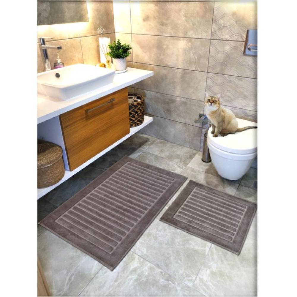 Cotton Crafty 2 Li Set %100 Pamuk Dokuma Banyo Paspası, Banyo Halısı Şeritli 60X100 - 60X50, Kaymaz Lateks Taban - Kahve Klozet Takımı Fiyatı