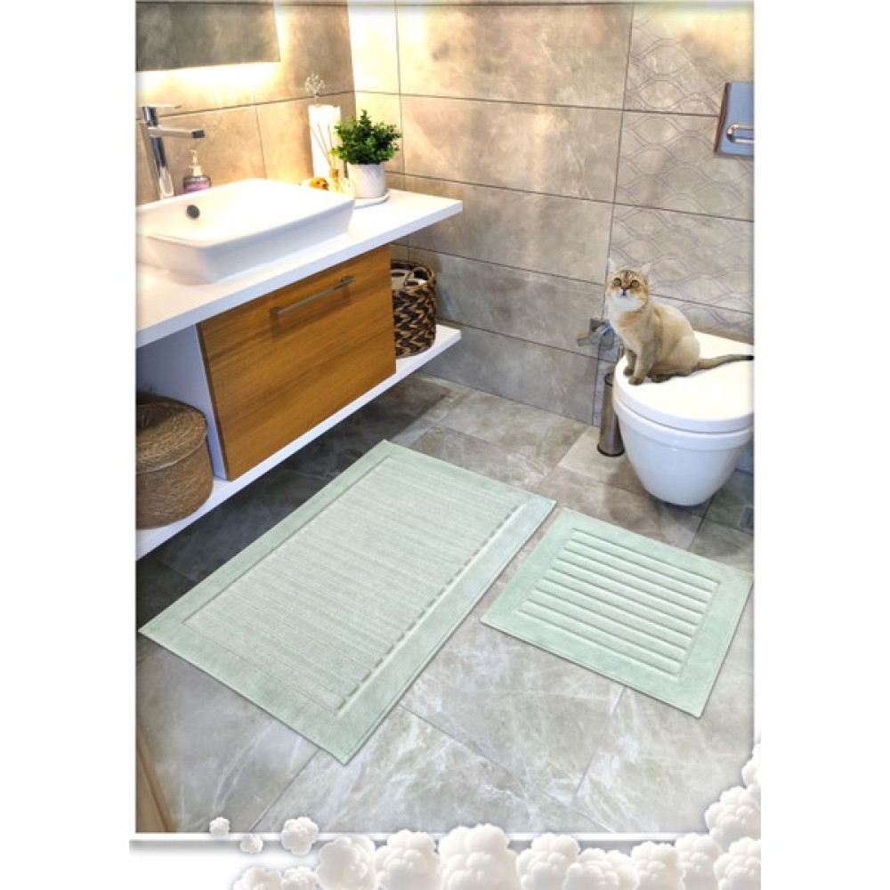 Cotton Crafty 2 Li Set %100 Pamuk Dokuma Banyo Paspası, Banyo Halısı Şeritli 60X100 - 60X50, Kaymaz Lateks Taban - Mint Yeşili Klozet Takımı Fiyatı