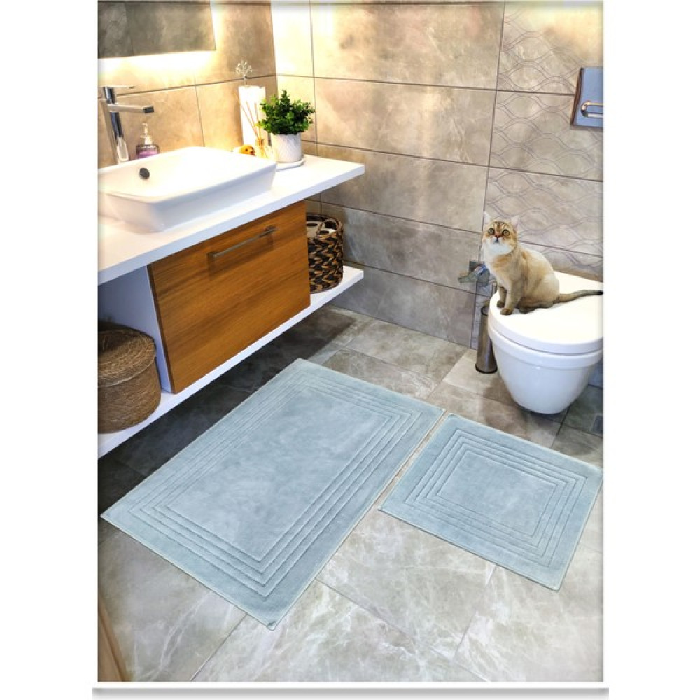 Cotton Crafty 2 Li Set %100 Pamuk Dokuma Banyo Paspası, Banyo Halısı Vera 60X100 - 60X50, Kaymaz Lateks Taban - Gri - Mavi Klozet Takımı Fiyatı