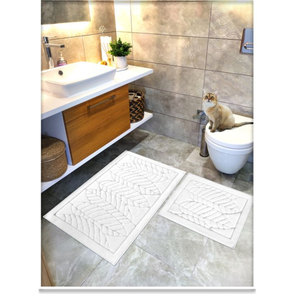 Cotton Crafty 2 Li Set Pamuk Banyo Paspası, Banyo Halısı YAPRAK 60X100 - 60X50 - Kaymaz Taban - Beyaz Klozet Takımı Fiyatı