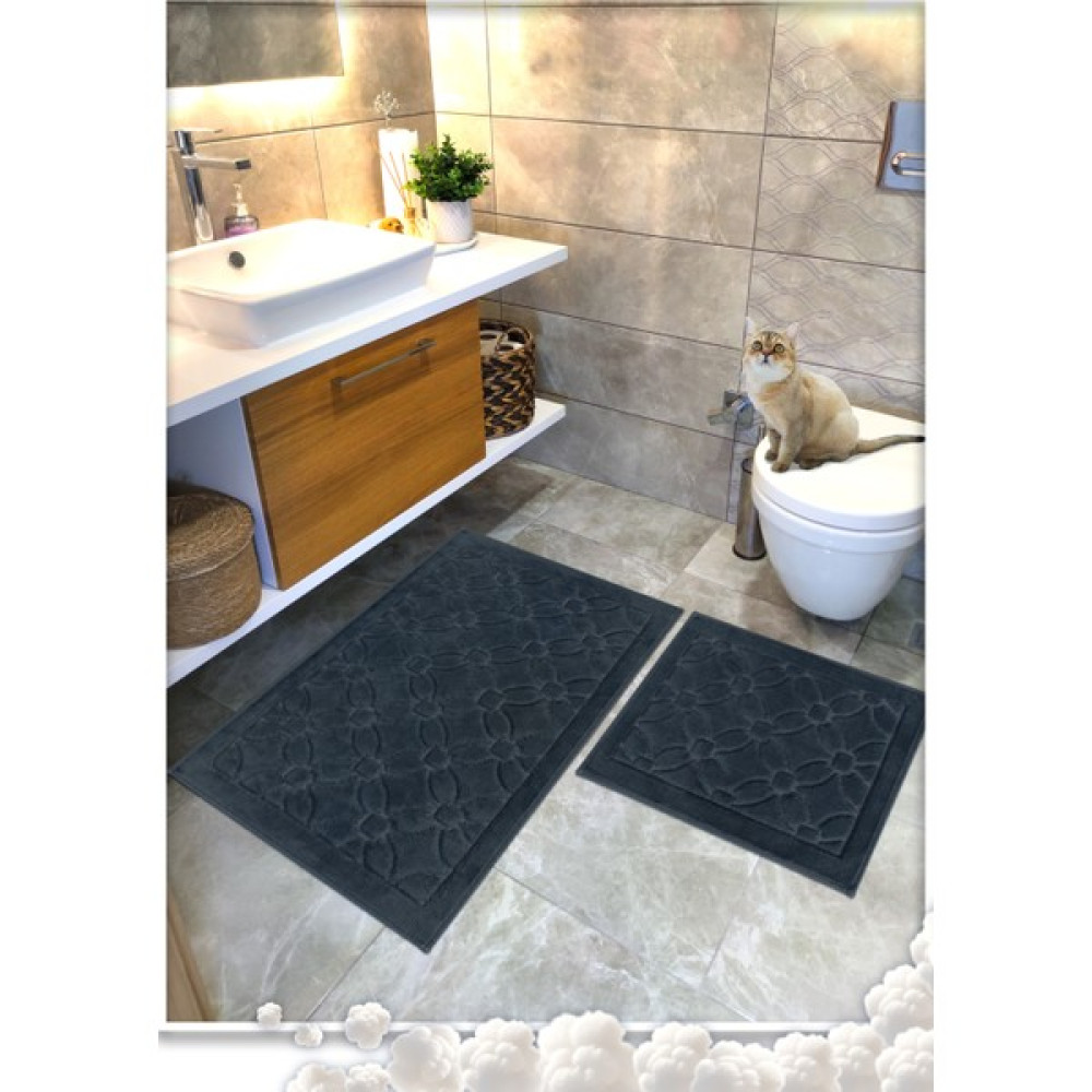 Cotton Crafty 2 Li Set Pamuk Dokuma Banyo Paspası, Banyo Halısı Çiçek 60X100 - 60X50, Kaymaz Lateks Taban - Antrasit Klozet Takımı Fiyatı