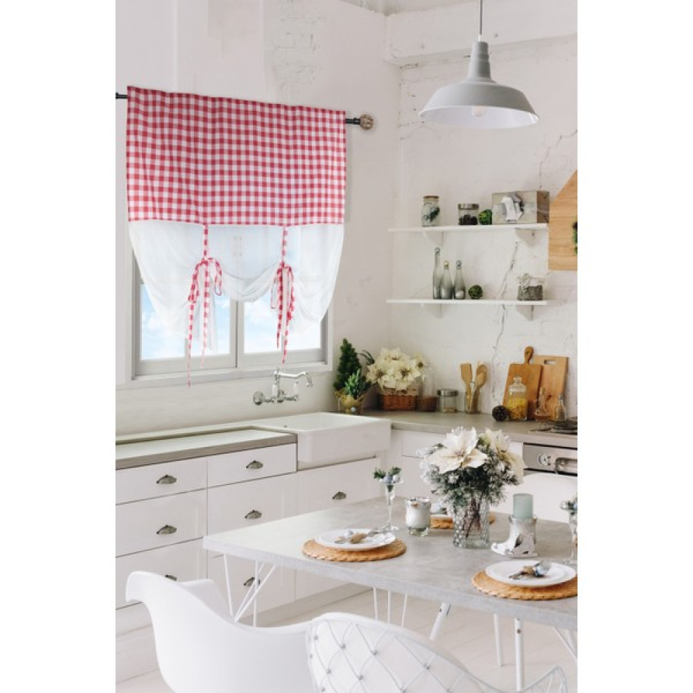 Cotton Maison Naturel Potlu Ekose Tül Perde Retro 100X200 cm Kırmızı - 100 x 200 cm - Krem Fon Perde Fiyatı