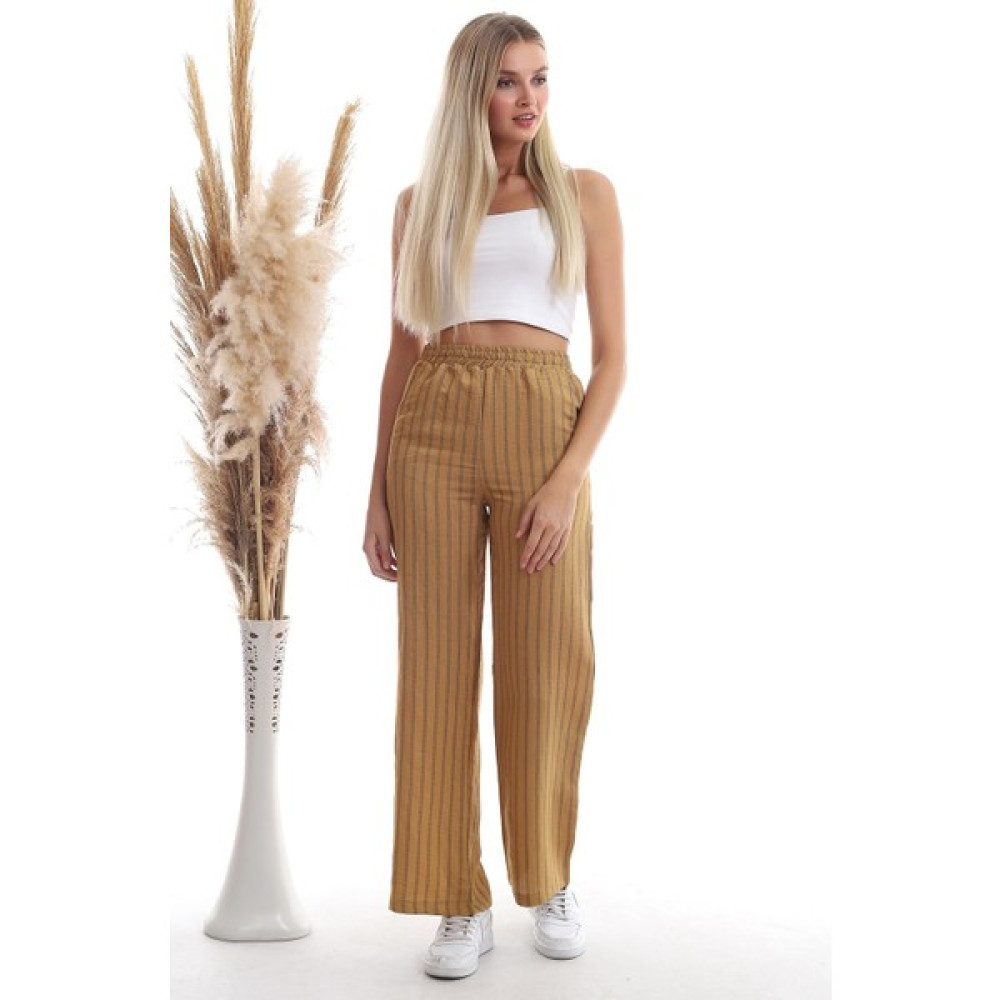 Cotton Mood 20333459 Keten Çizgi Desenli Cepli Pantolon Hardal Kadın Pantolon Fiyatı
