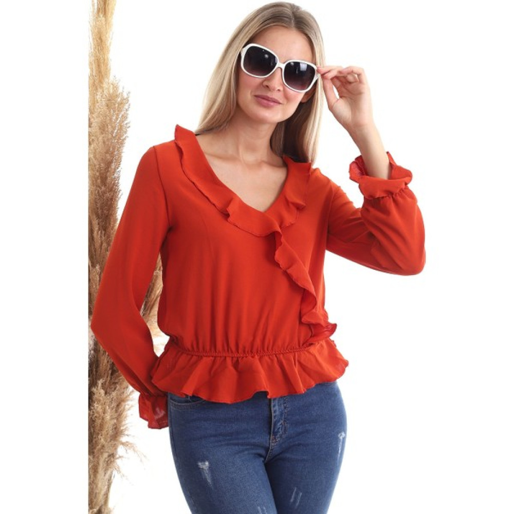 Cotton Mood 20343266 Ayrobin Kruvaze Fırfırlı Uzun Kol Bluz Kiremit Bluz Fiyatı