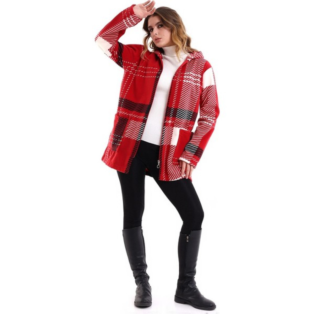 Cotton Mood 21505142 Polar Des.önü Fermuarl Cepli Kapşon Uz.ceket Hırka Kırmızı-Beyaz Byk Ekose Kadın Hırka Fiyatı