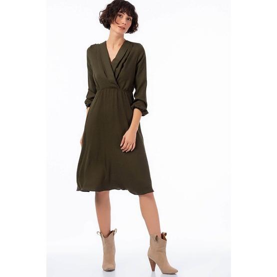 Cotton Mood 8422424 Haki Yün Viskon şardon Beli Lasikli Kruvaze Yaka Pileli Elbise