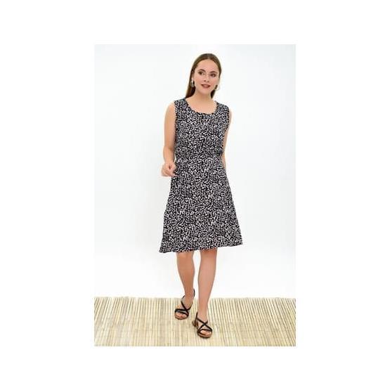 Cotton Mood 9315020 Sıyah Çıçek Desen Dok.viskon Desenli Cepli Kolsuz Kadın Elbise