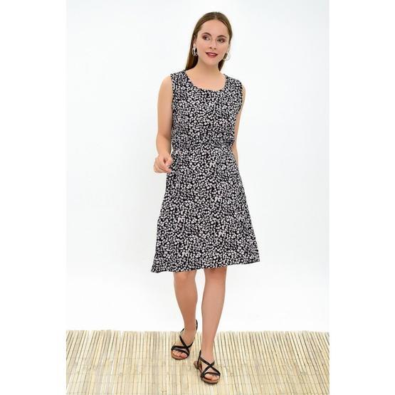 Cotton Mood 9315020 Sıyah Çıçek Desen Dok.viskon Desenli Cepli Kolsuz Kadın Elbise