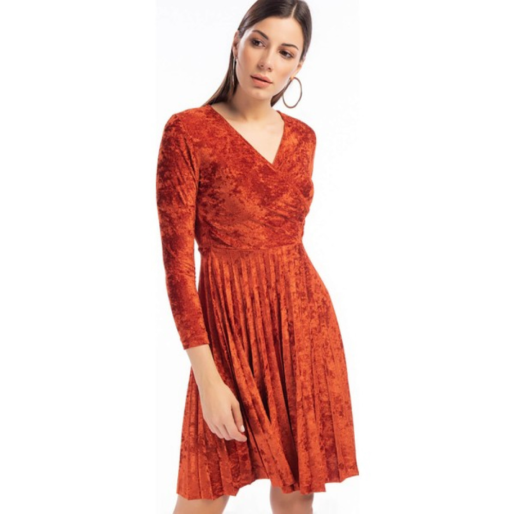 Cotton Mood 9391407 Kadife Eteği Pliseli Kruvaze Yaka Elbise Kıremıt Elbise Fiyatı