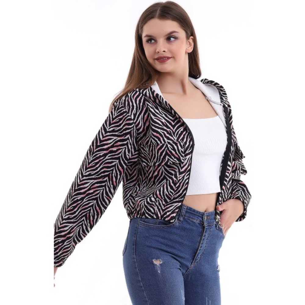 Cotton Mood Desenli Önü Fermuarlı Kapşonlu Kısa Mont Beyaz Bayan Mont Fiyatı