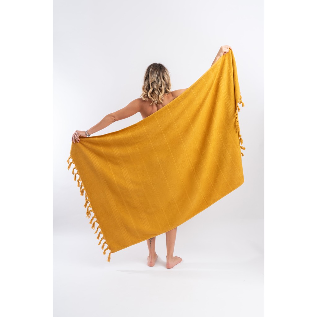 Cotton Therapy 100 x 170CM Büyük Plaj Banyo Duş Havlusu Saçaklı 100% Pamuklu - 100 x 170 cm - Hardal El / Yüz Havlusu Fiyatı