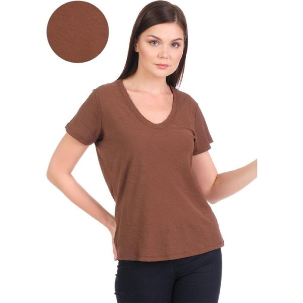 COTTONY PURE Çikolata V Yaka Organik Pamuklu Tişört Bayan T-shirt Fiyatı