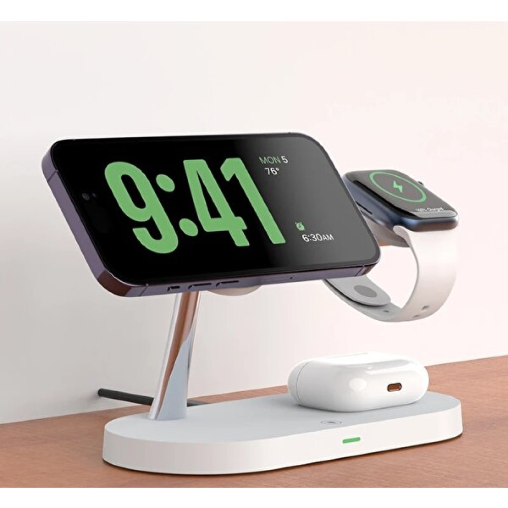 Cover Center 5in1 15W Manyetik Kablosuz Şarj Standlı USB Hızlı Şarj Istasyonu Gece Lambalı Fast Wireless Charger - Beyaz Cep Telefonu Şarj Cihazı Fiyatı