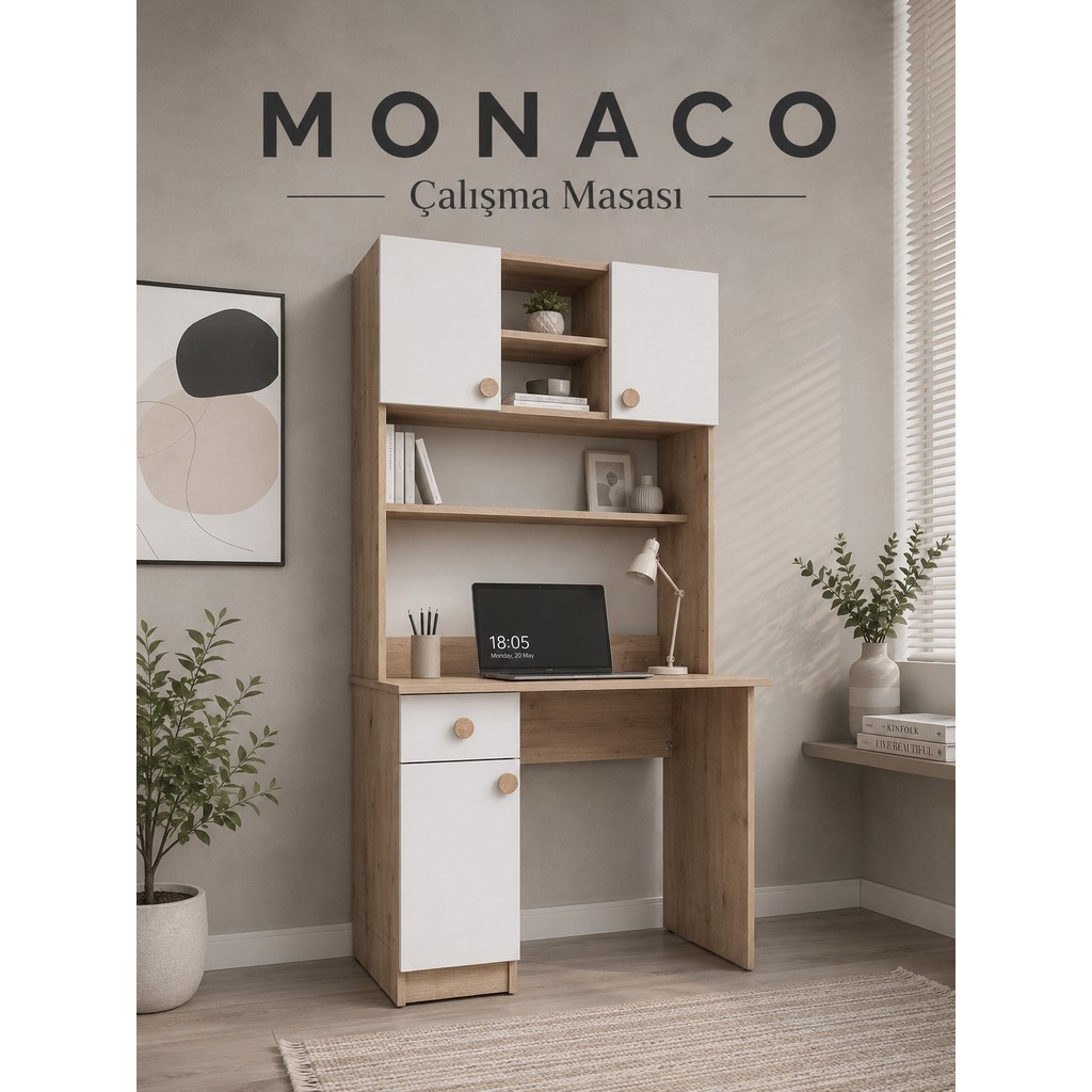Cozibo Monaco Çalışma Masası Beyaz Meşe - 173 x 90 x 50 - Beyaz - Meşe Çalışma Masası Fiyatı