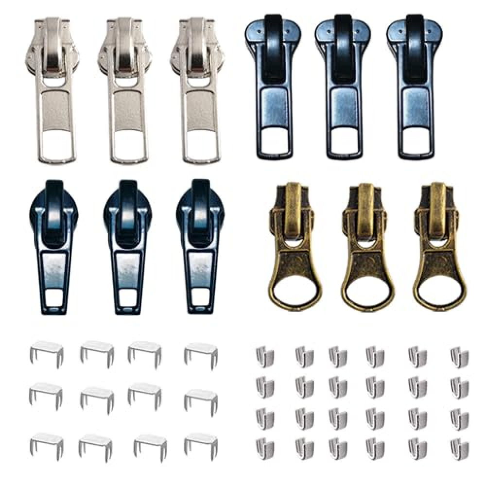 cpqakb 12 Pcs Zipper Fasteners Repair Kit #5 Lockable Sliders, Zippers Pull Replacements Bottom and Top Stop, Fix Zip Head On for Repairing Coats,Jackets, Metal Plastic and Nylon Coil Zippers.