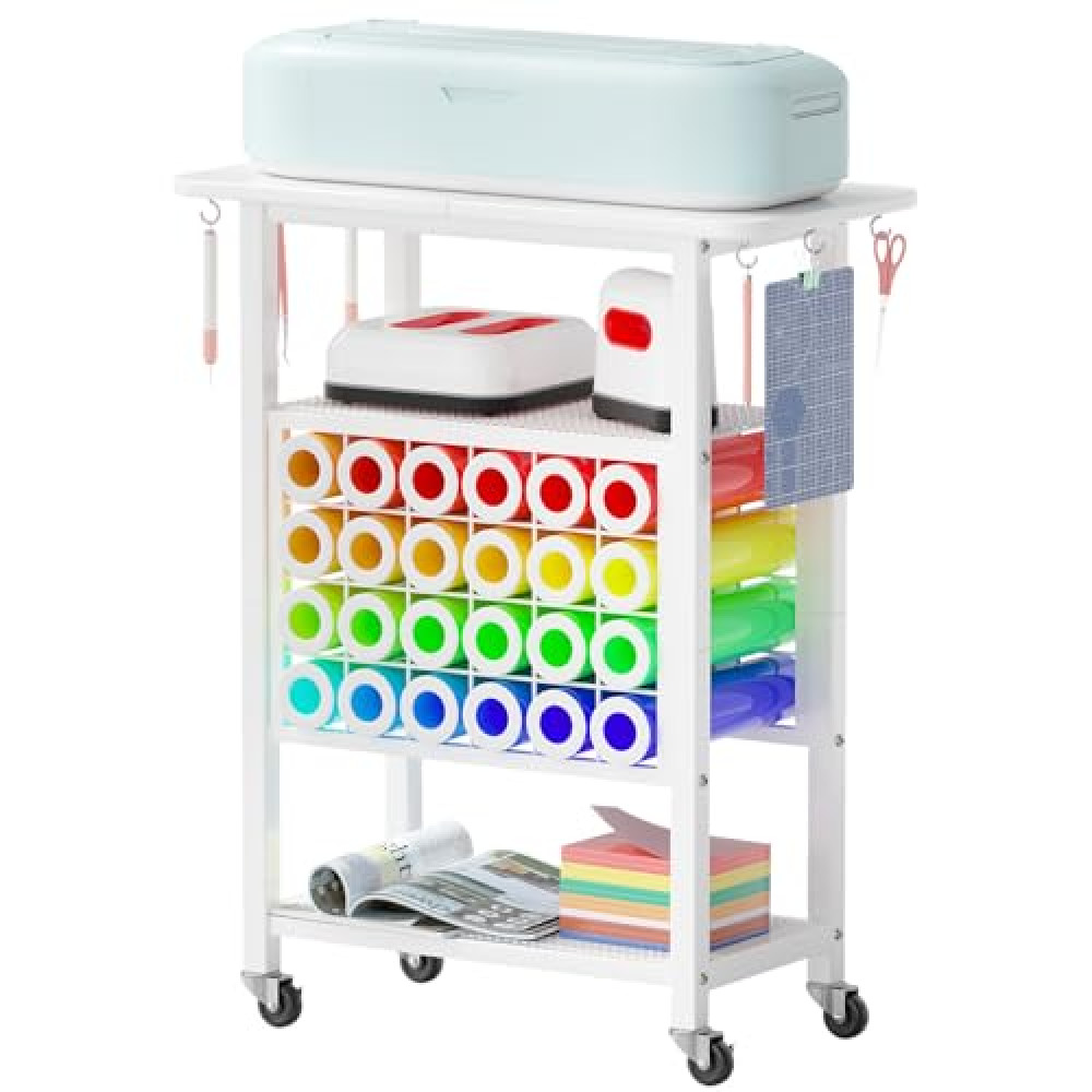 Craft Organizers and Storage for Cricut Machines, Rolling Storage Cart/Shelf with 24 Vinyl Roll Holders, Cutting Machine Stand Workstation Cabinet Desk Stand for Cricut Craft Room Organization