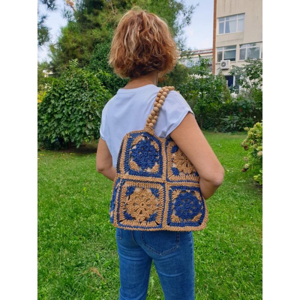 Craftatelier Mavi Bej Renk Etnik Desenli Ahşap Boncuk Askılı El Örgüsü Kağıt Ip Çanta Bayan Çanta ve Cüzdan Fiyatı