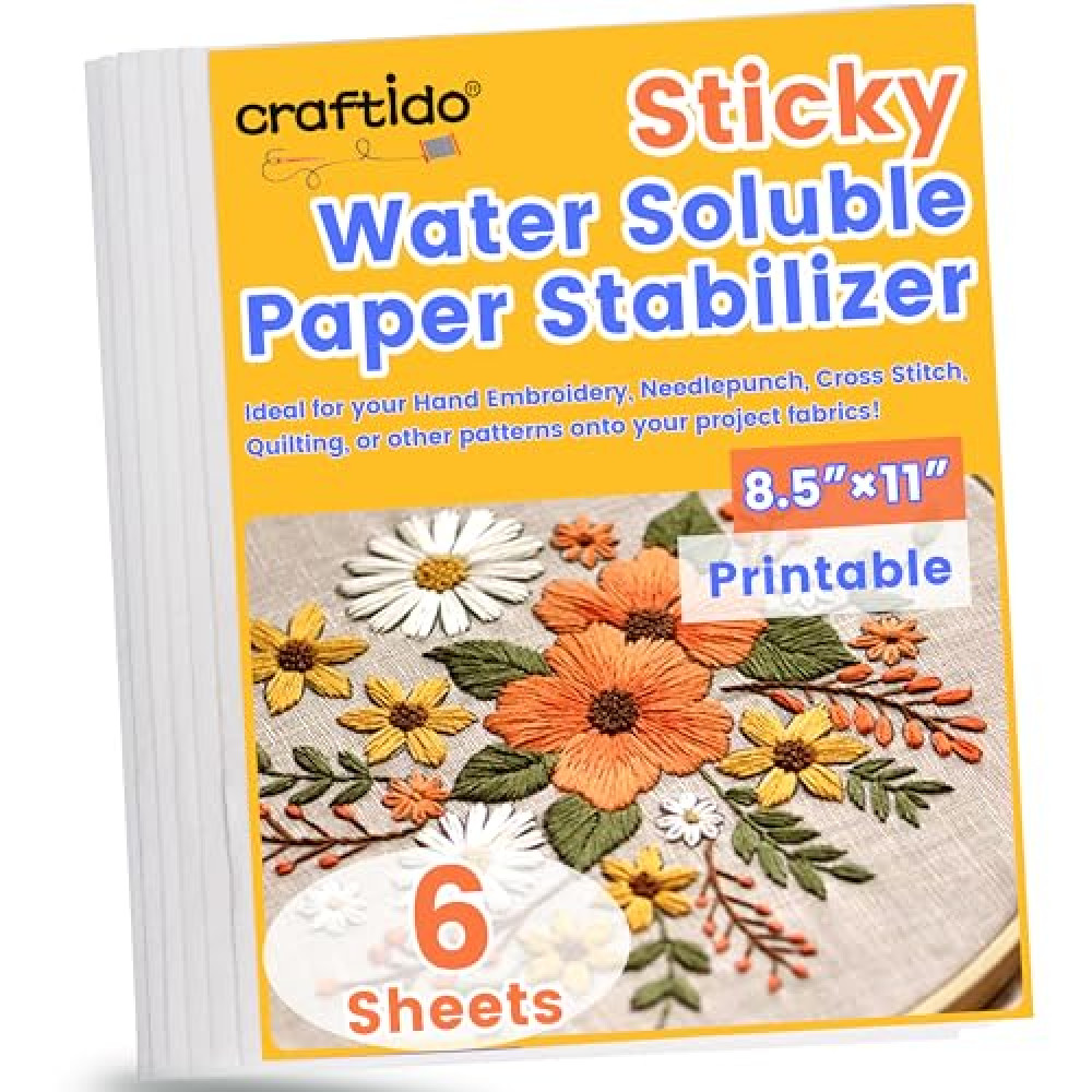 craftido 8.5"x11" 6PCS Sticky Water Soluble Embroidery Stabilizer Printable Dissolving Paper Medium Weight Allowed for Print or Draw Patterns Best for Hand & Machine Embroidery