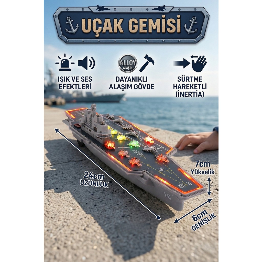 Craftivio Metal Alaşım Işıklı ve Sesli Uçak Gemisi Oyuncak - Sürtmeli Hareketli 24 cm Büyük Boy Askeri Gemi Anne Bebek Oyuncak Fiyatı