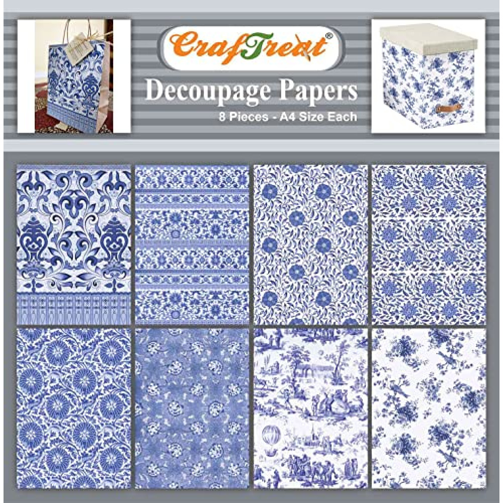 CrafTreat Decoupage Paper - 8Pcs A4 Size (8.3 x 11.7 Inch) Chinoiserie Designed Stickers, Crafting Supplies for Adults, Vintage Style Floral Paper for Scrapbooking & Journaling