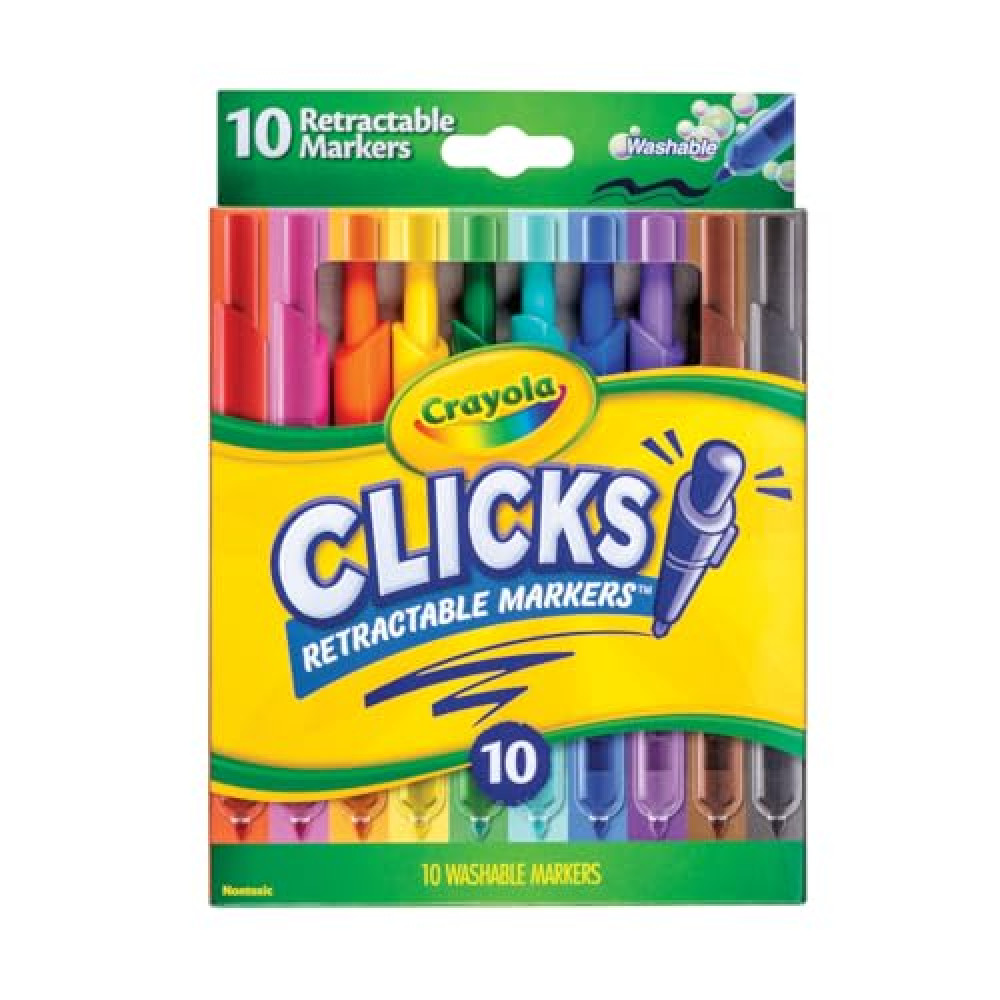 Crayola Clicks Retractable Tip Markers (10ct), Cone Tip, Washable Art Marker Set for Kids, Coloring Supplies, Long Lasting, Gifts for Kids, 3+