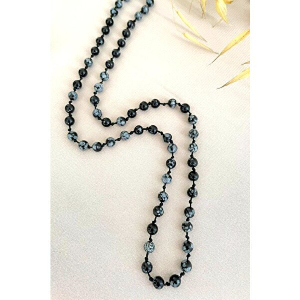 Crazy Takı Tasarım Kar Tanesi (Snowflake) Obsidyen Doğaltaş Düğümlü Uzun Erkek Kolyesi - 75 cm Kolyeler Fiyatı