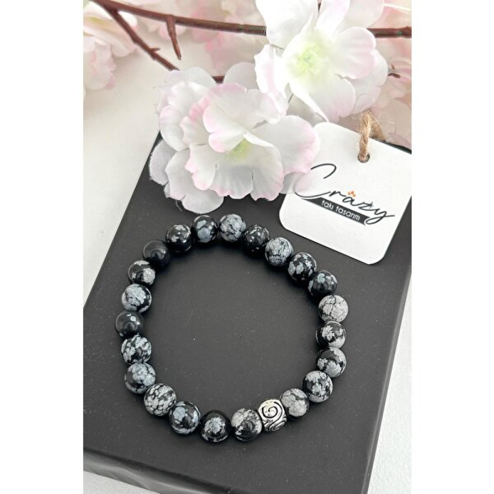Crazy Takı Tasarım Snowflake (Kar Tanesi) Obsidian Doğaltaş Bileklik - 18-20 cm - Siyah - Beyaz Saat ve Bileklik Aksesuarı Fiyatı