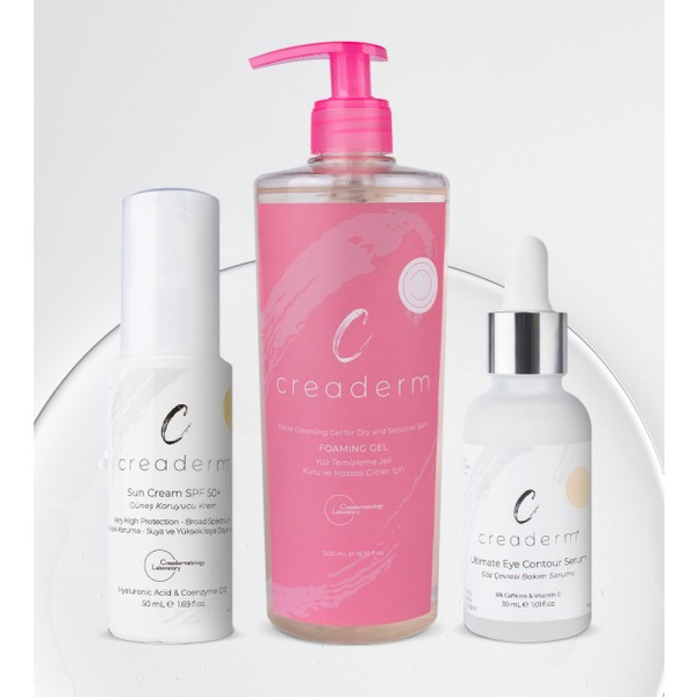 Creaderm Kuru ve Hassas Ciltler İçin Temizleme Jeli & Spf+50 Güneş Kremi & Göz Çevresi Bakım Serum Seti Cilt ve Yüz Bakımı Fiyatı