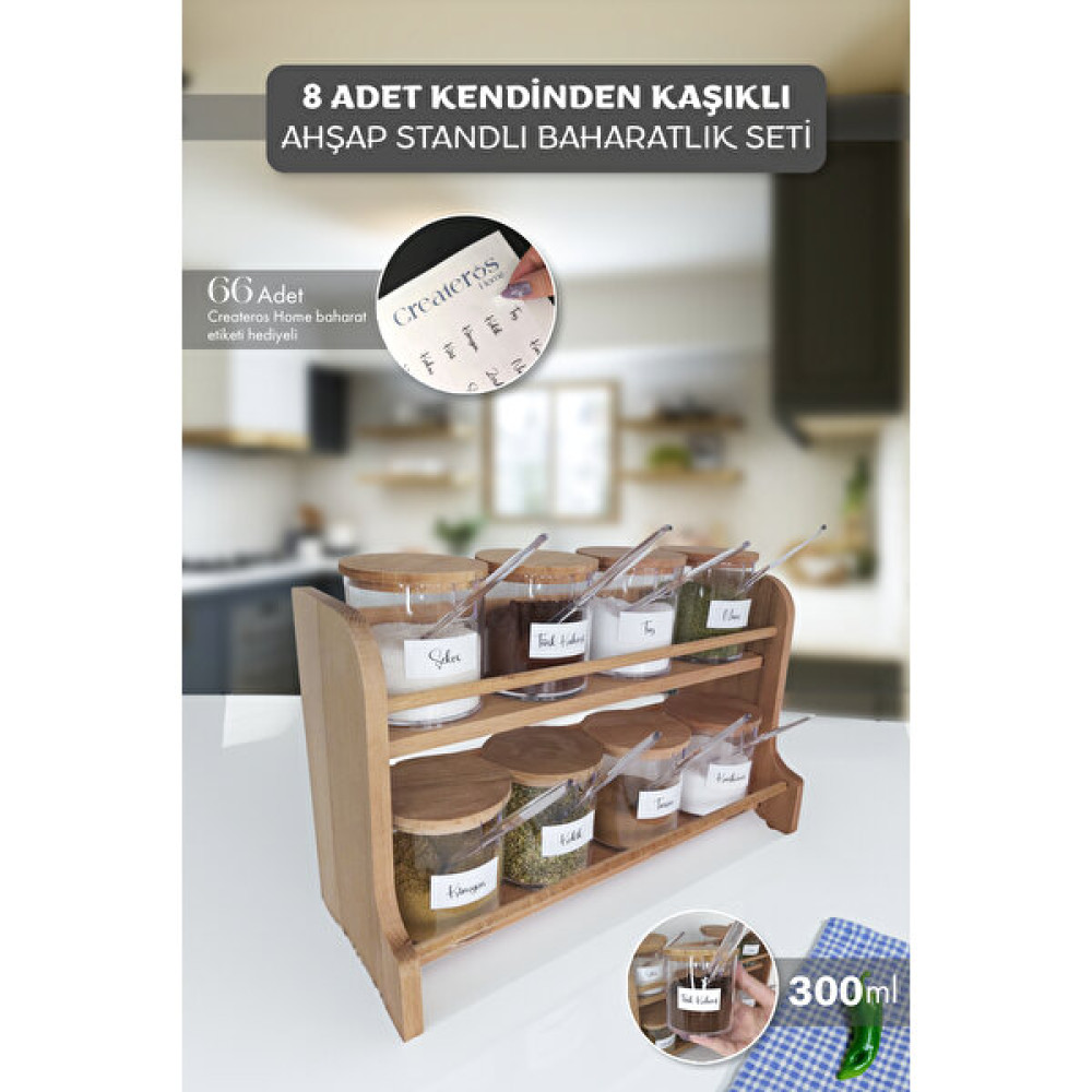 Createros Home Kaşıklı ve Ahşap Standlı Mika Baharatlık Takımı Seti 300 ml 8'li + 66 Adet Etiket Baharat Setleri & Baharatlıklar Fiyatı
