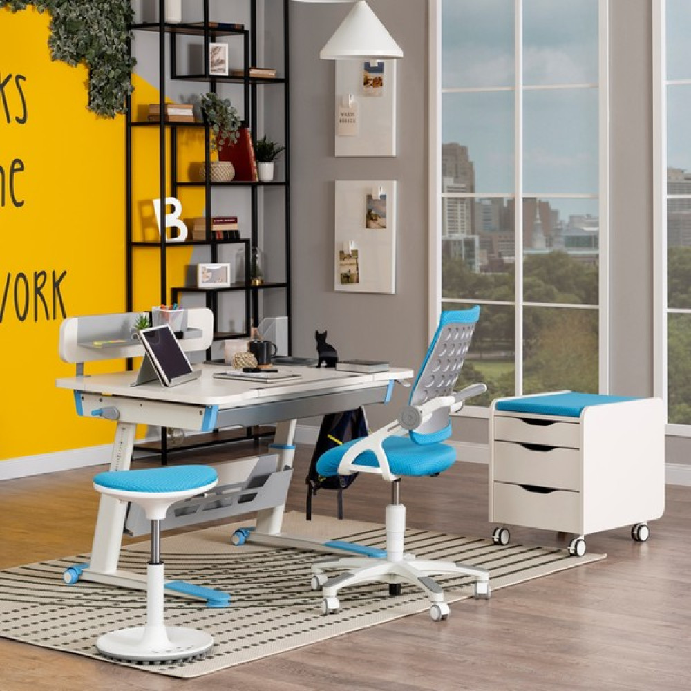 Creo Mobili Sirius Delüx Yükseklik Ayarlı Çalışma Masası Takımı ( Çalışma Masası + Sandalye + Keson )- Beyaz/mavi - 120 x 75 x 75 cm - Mavi Çalışma Masası Fiyatı