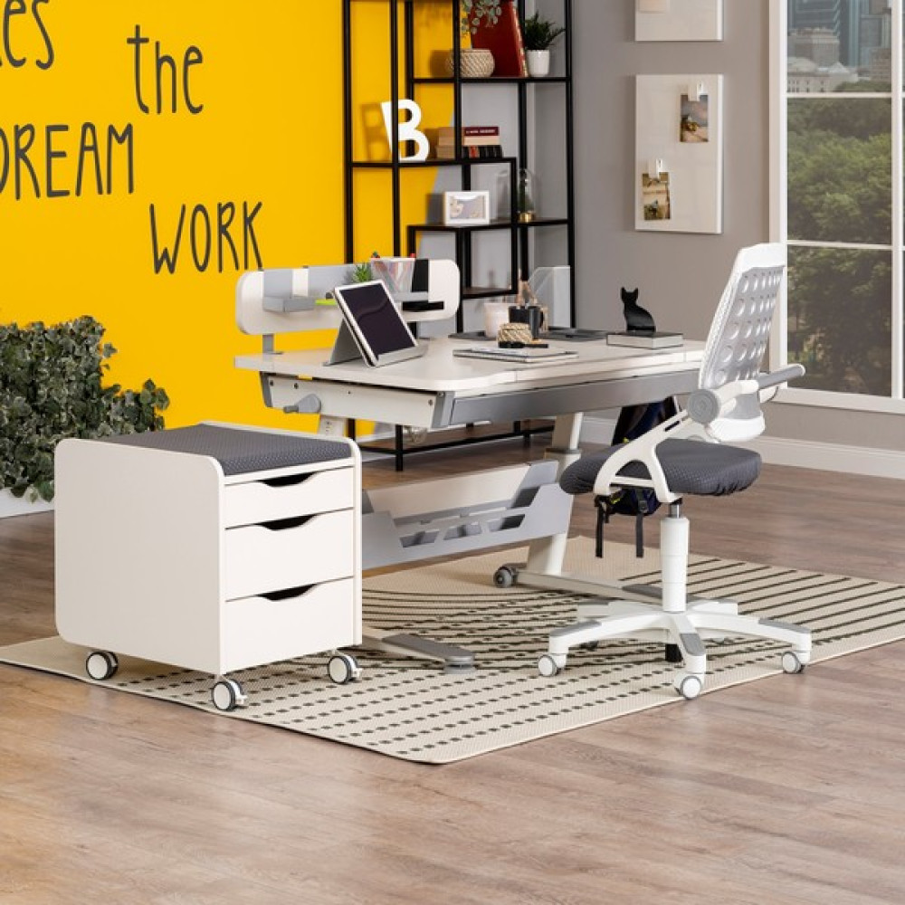 Creo Mobili Sirius Premium (Çalışma Masası+ Sandalye+ Keson +Tabure) - Beyaz/gri - 120 x 75 x 75 cm - Gri Çalışma Masası Fiyatı
