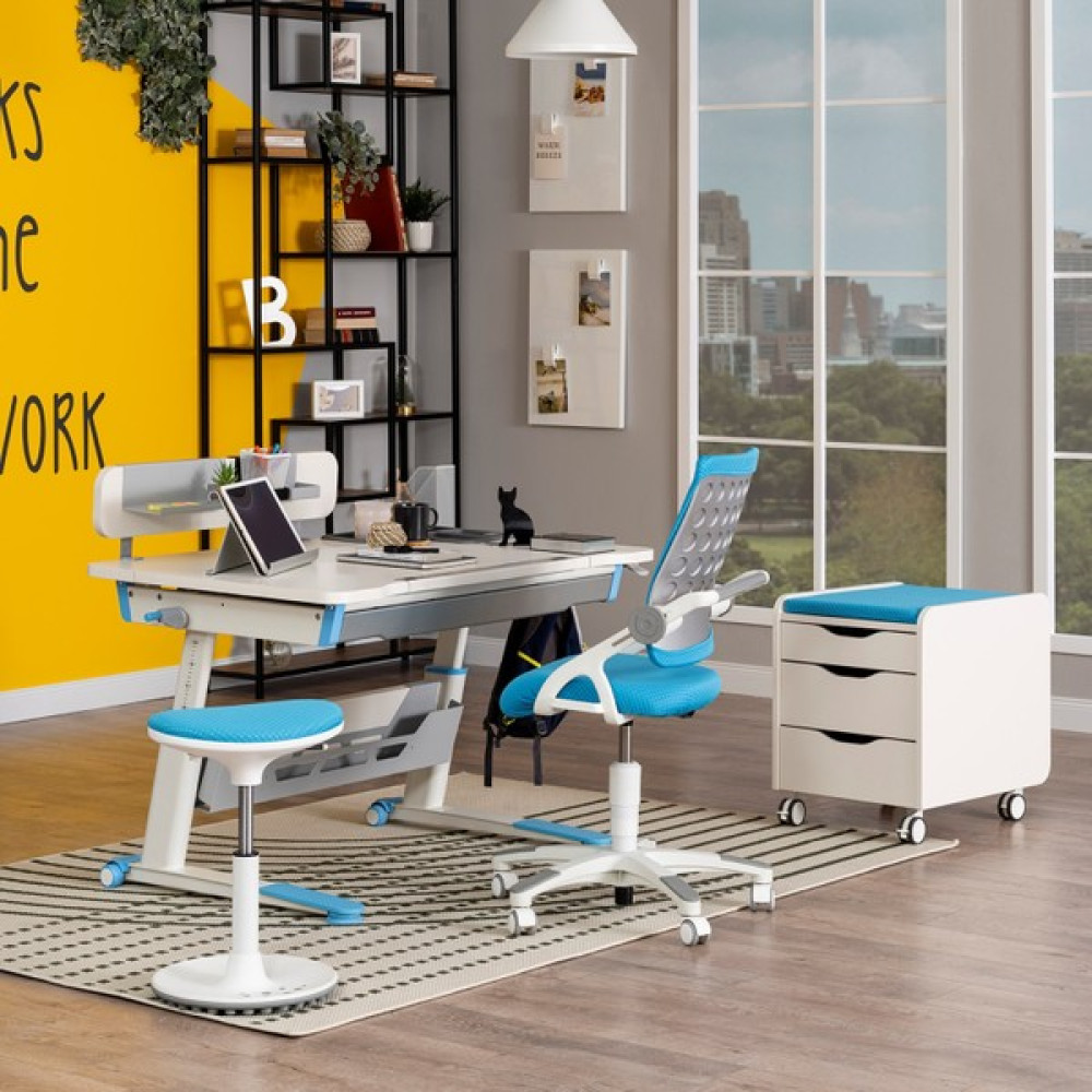 Creo Mobili Sirius Premium (Çalışma Masası+ Sandalye+ Keson +Tabure)- Beyaz/mavi - 120 x 75 x 75 cm - Mavi Çalışma Masası Fiyatı