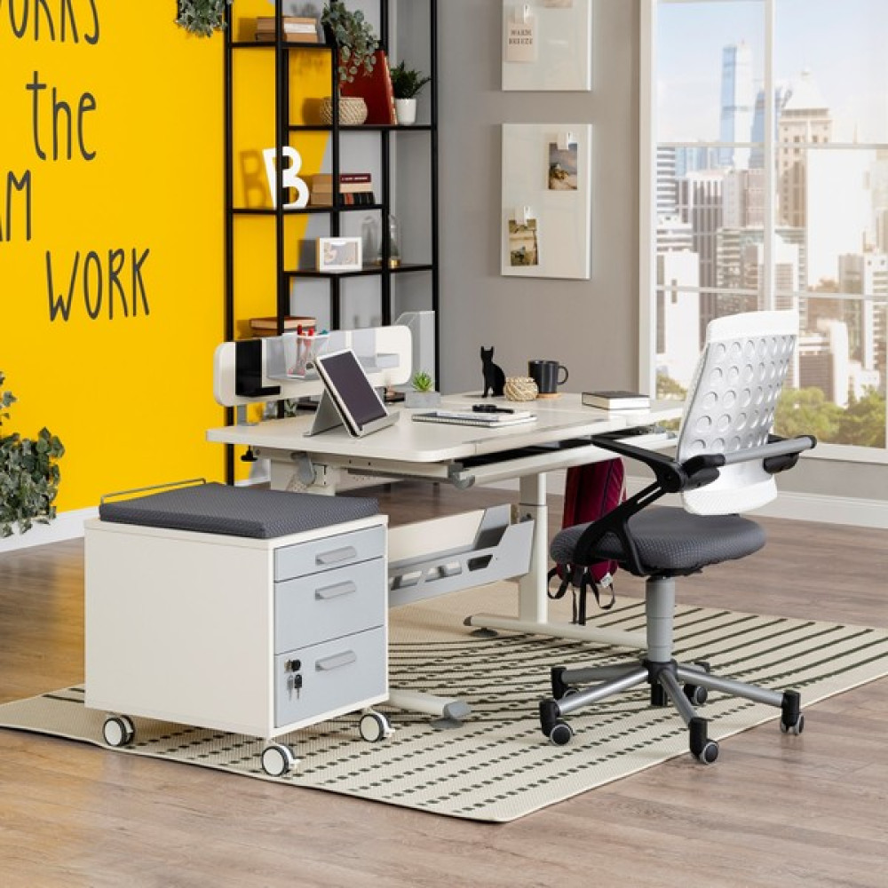 Creo Mobili Vega Delüx Yükseklik Ayarlı Çalışma Masası Takımı( Çalışma Masası + Sandalye + Keson) - Beyaz/gri - 130 x 70 x 75 cm - Gri Çalışma Masası Fiyatı