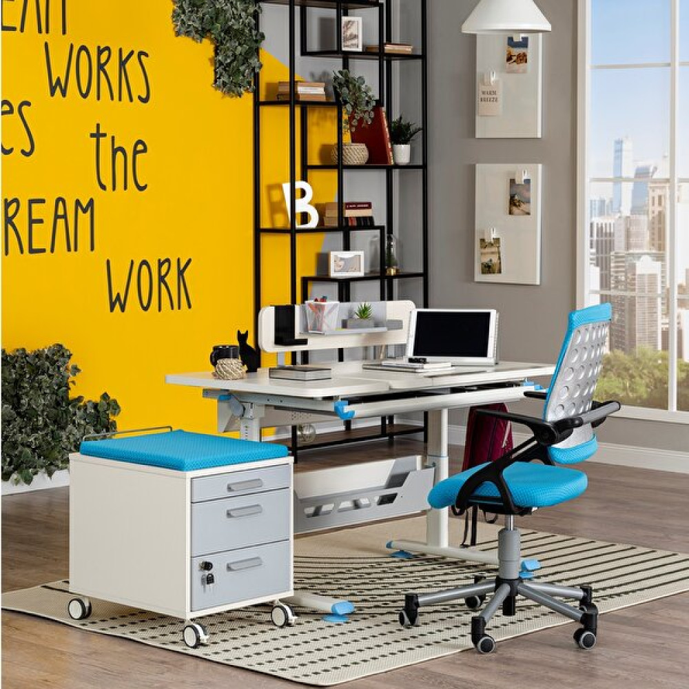 Creo Mobili Vega Delüx Yükseklik Ayarlı Çalışma Masası Takımı (Çalışma Masası + Sandalye + Keson )- Beyaz/mavi - 130 x 70 x 75 cm - Mavi Çalışma Masası Fiyatı