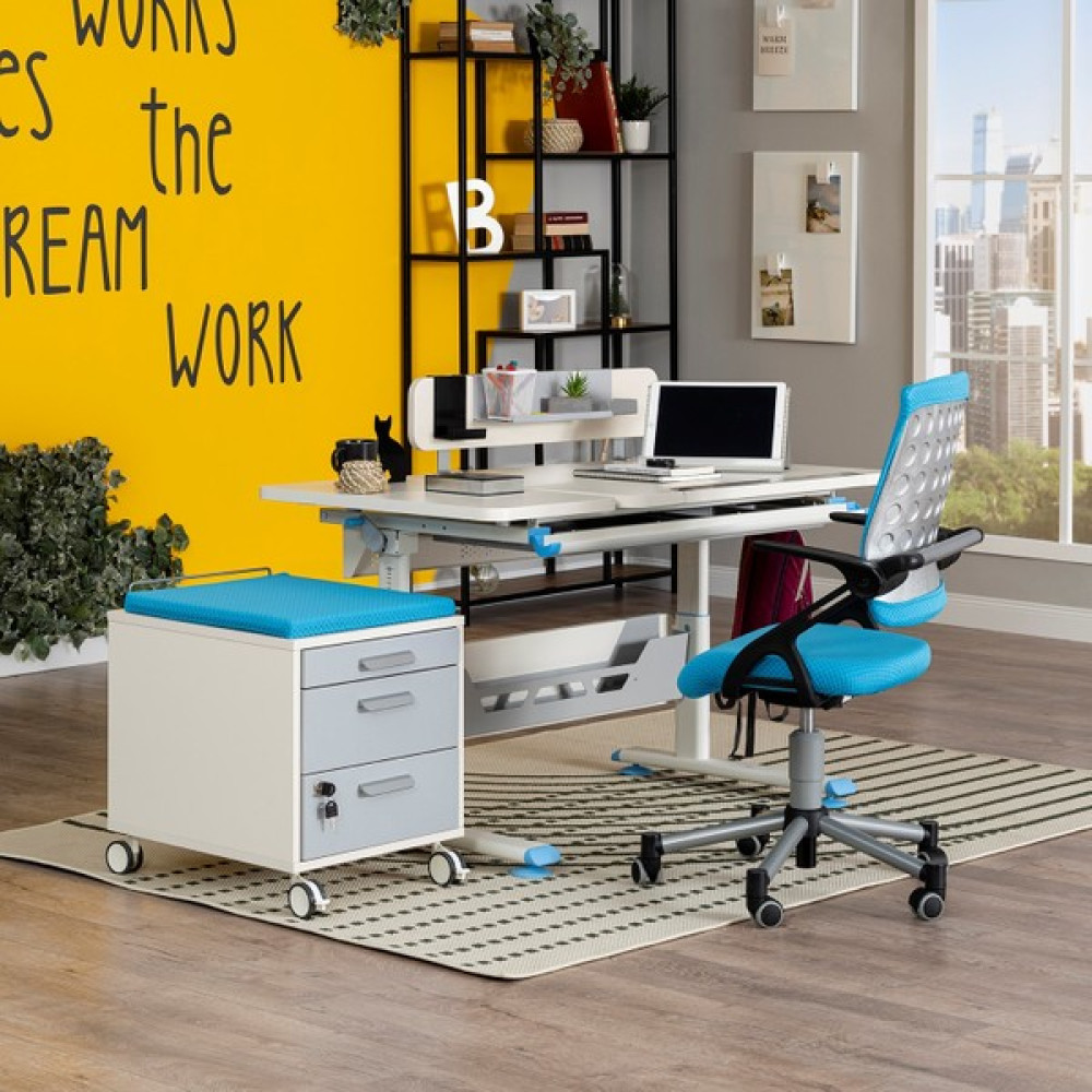 Creo Mobili Vega Premium (Çalışma Masası+ Sandalye+ Keson +Tabure) - Beyaz / Mavi - 130 x 70 x 75 cm Çalışma Masası Fiyatı