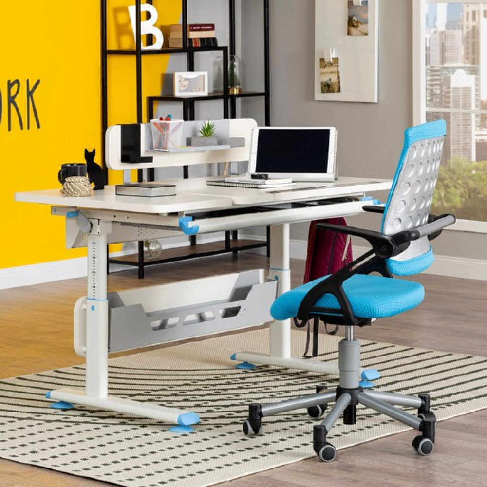 Creo Mobili Vega Standart ,Yükseklik Ayarlı Çekmeceli Raflı Çalışma Masası - Beyaz / Mavi - 130 x 70 x 75 cm Çalışma Masası Fiyatı