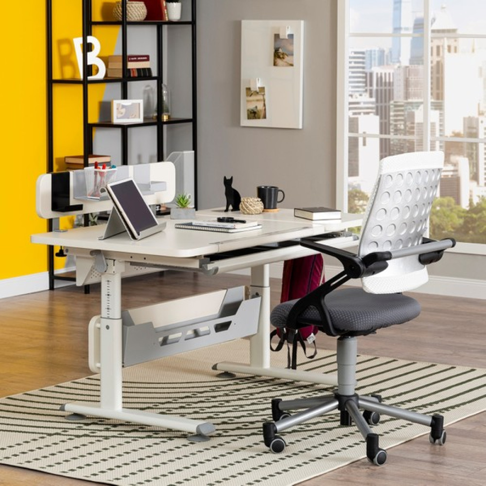 Creo Mobili Vega Standart ,Yükseklik Ayarlı Çekmeceli Raflı Çalışma Masası - Beyaz/gri - 130 x 70 x 75 cm - Gri Çalışma Masası Fiyatı