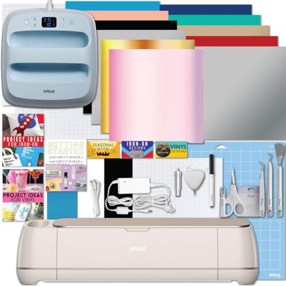 Cricut Maker 4 with Easy Press 3 Machine and Iron-On Combo Bundle - Craft Cutting Machine and Heat Press Combo Set, Cricut Machine Kit for Beginners and Gifts, DIY Apparel and Tote Bags, HTV Materials