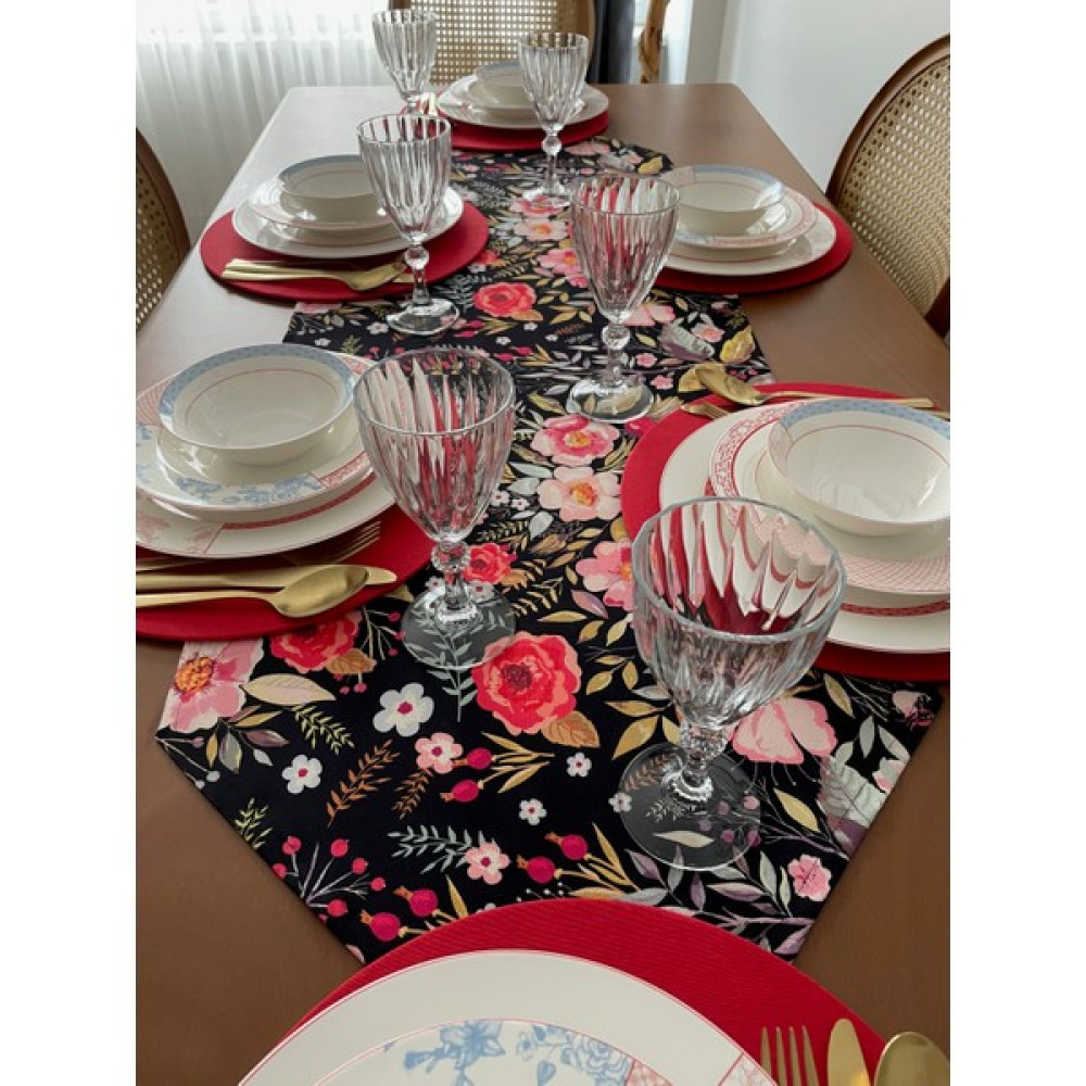 Criggy Flora Red Runner Seti ( 1 Adet Runner & 6 Adet Supla ) - Siyah - 45 x 140 cm Masa Örtüsü Fiyatı
