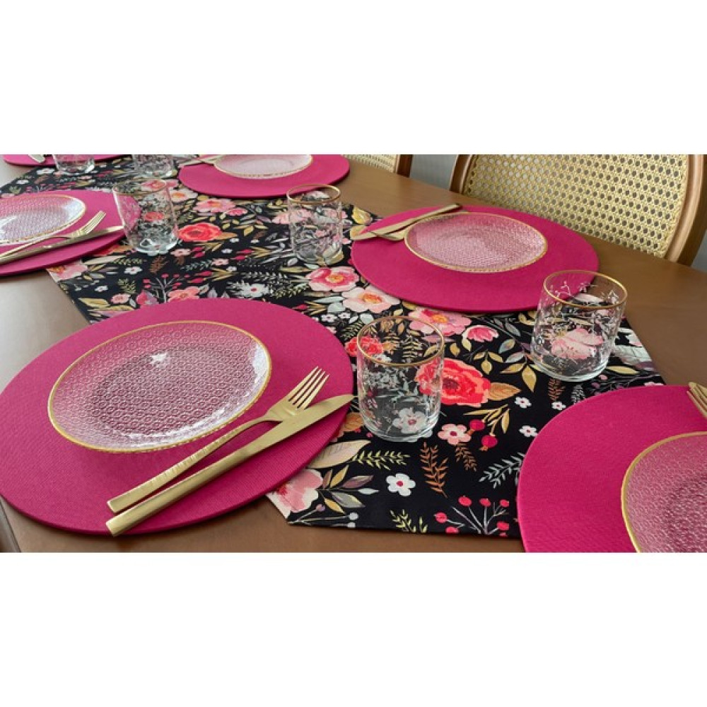Criggy Flora Runner Seti ( 1 Adet Runner & 6 Adet Supla ) - 45 x 140 cm - Siyah - Pembe Masa Örtüsü Fiyatı