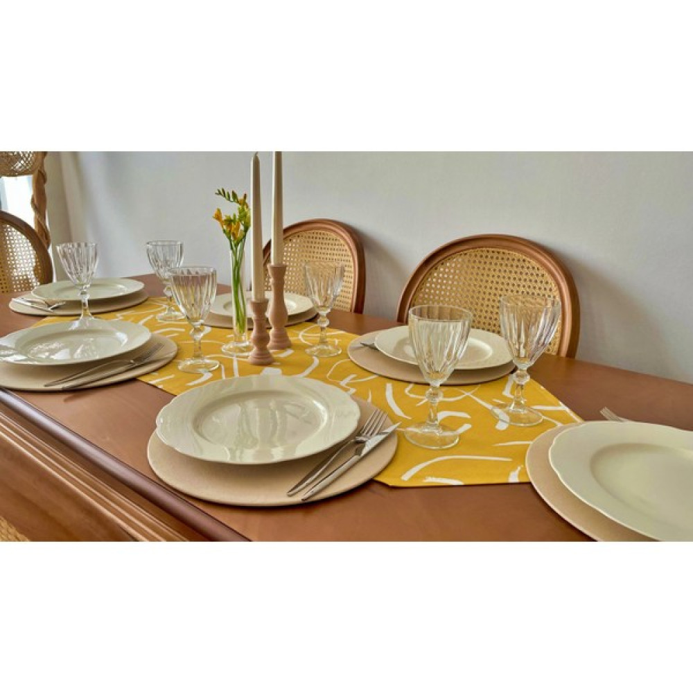 Criggy Lilia Runner Seti ( 1 Adet Runner & 6 Adet Supla ) - Sarı - Beyaz - 45 x 140 cm Masa Örtüsü Fiyatı