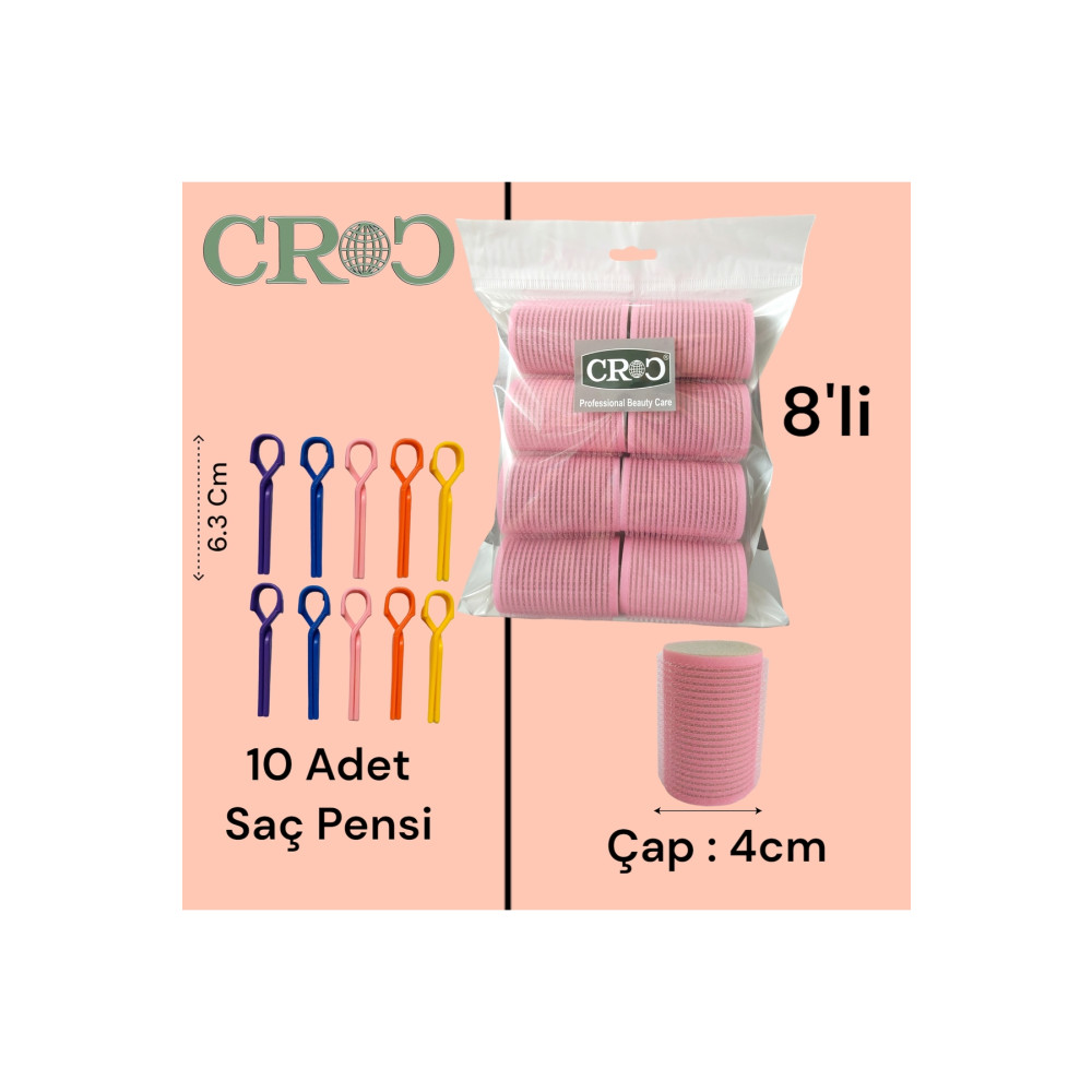 Croc 1207 Pembe Cırtlı Sünger Bigudi 8li Çap 4cm Yapışkanlı Saç Bigudisi (10lu Saç Pensli) Toka, Taç & Saç Bandı Fiyatı