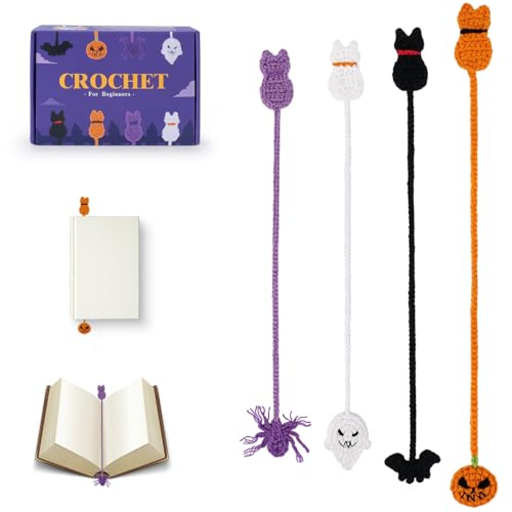 Crochet Kit for Beginners -4 PCS Cat Bookmarks Crochet Kit with Step-by-Step Video Tutorials, Beginner Crochet Kit for Adults, Personalized Bookmarks Crocheting Set Gift for Book Lover